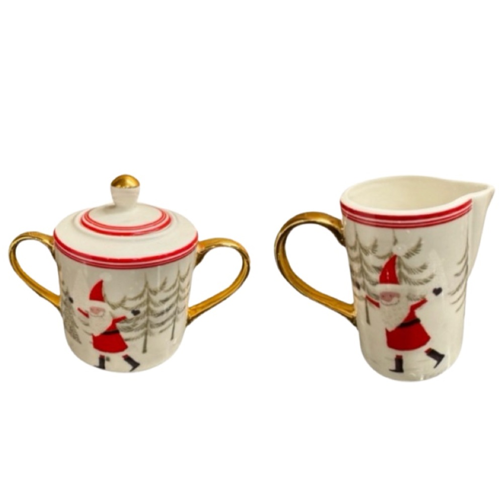 Santa Penguin by Grace's Teaware. Sugar Bow and Creamer set with Gold Handles